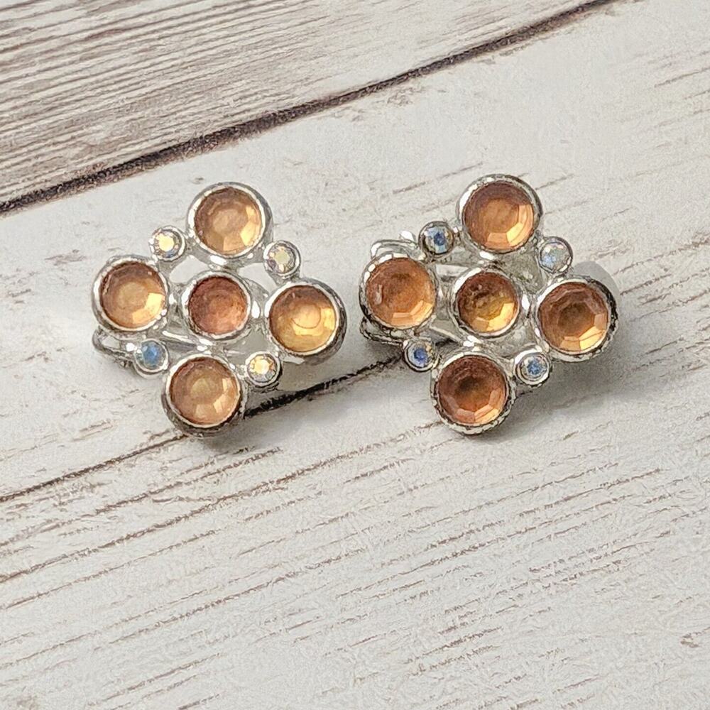 Vintage Clip On Earrings - Dainty Orange Gems - 5/8"